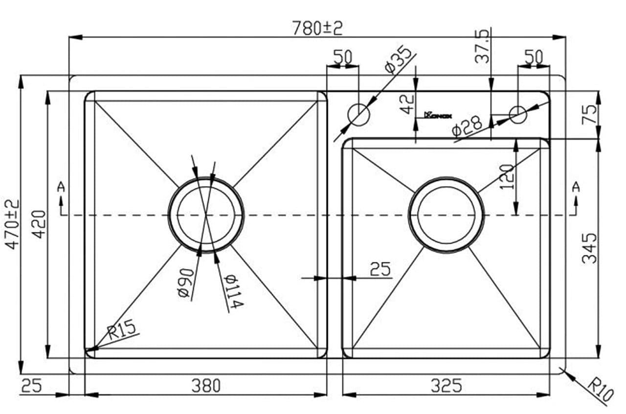 Bản vẽ Chậu rửa bát 2 hố lệch SUS304 Konox Overmount Series KN7847DO 