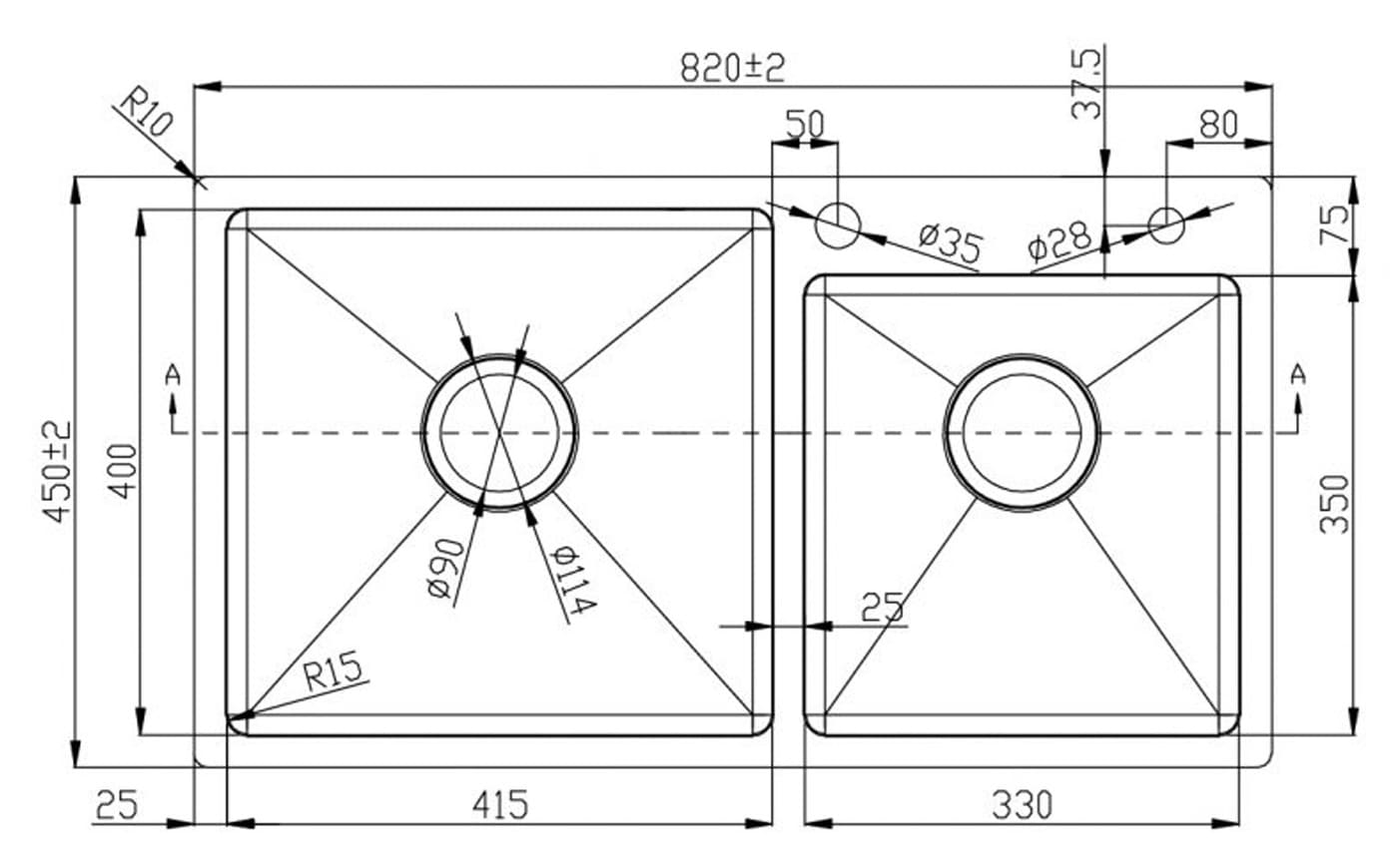 Bản vẽ Chậu rửa bát 2 hố lệch SUS304 Konox Overmount Series KN8245DO 