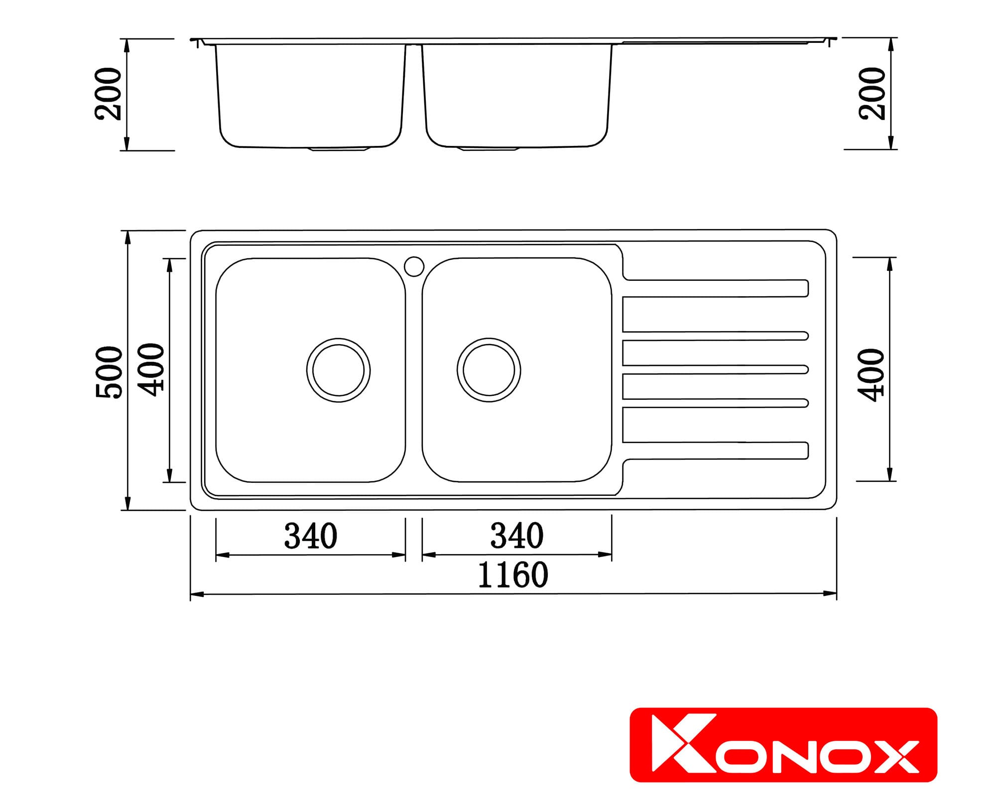 Bản vẽ Chậu rửa bát 2 hố cân bàn phải SUS304 Konox European Series KS11650 1D