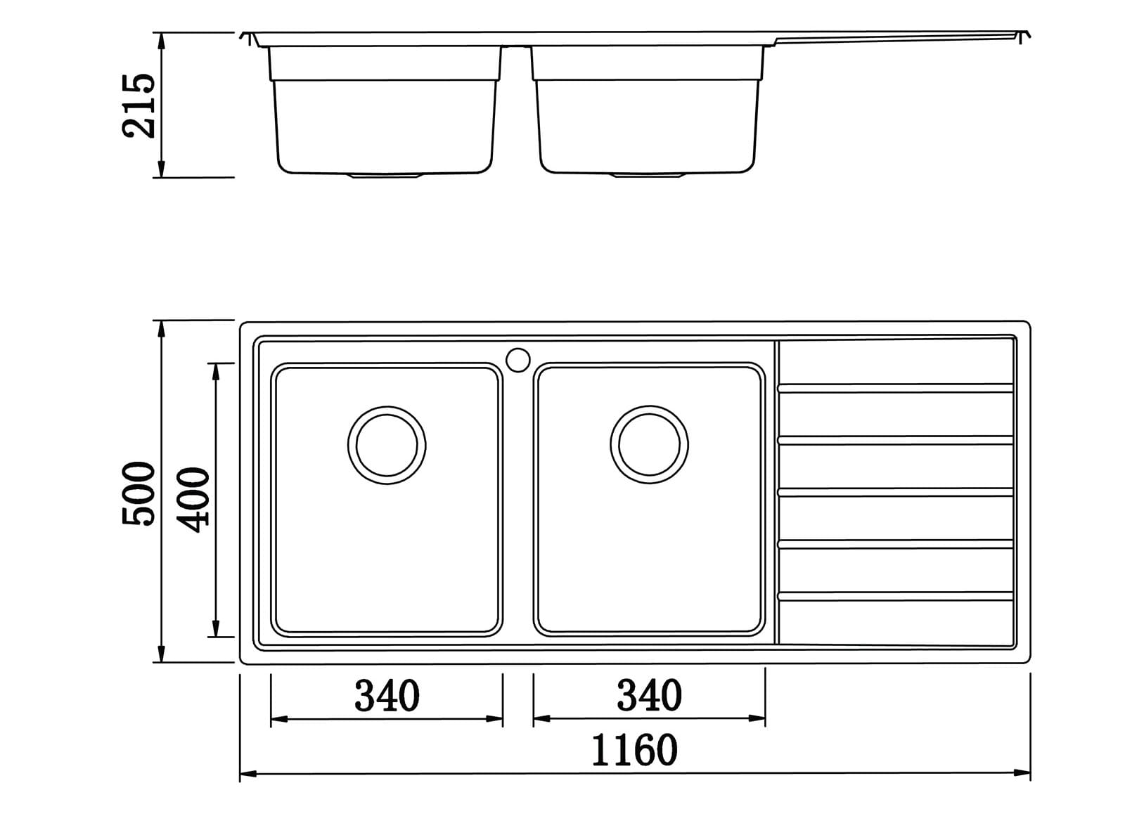 Bản vẽ Chậu rửa bát 2 hố cân bàn phải SUS304 Konox European Series KS11650 2B