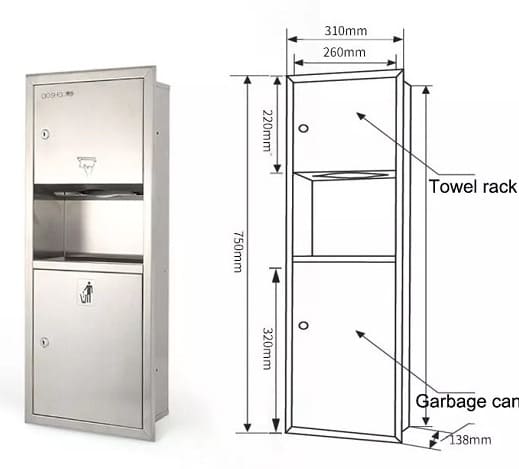 Bản vẽ Hộp giấy kèm thùng rác âm tường Inox 304 Miken MKG-728E