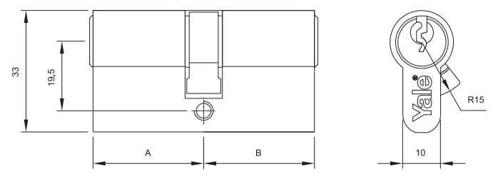 Bản vẽ Ruột Khóa Yale 10-0502-3232-00-22-11 Hai Đầu Chìa Màu Niken Mờ