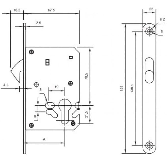 Bản vẽ Thân Khóa Chốt Trượt Yale YML09/55 US19 Màu Đen Mờ 