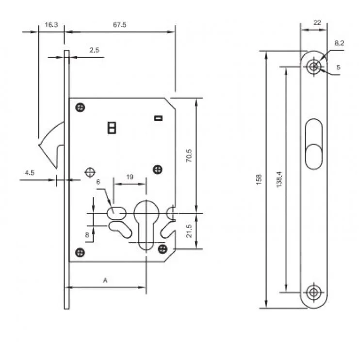 Bản vẽ Thân Khóa Cửa Trượt Yale YDL-010 US19 Màu Đen Mờ