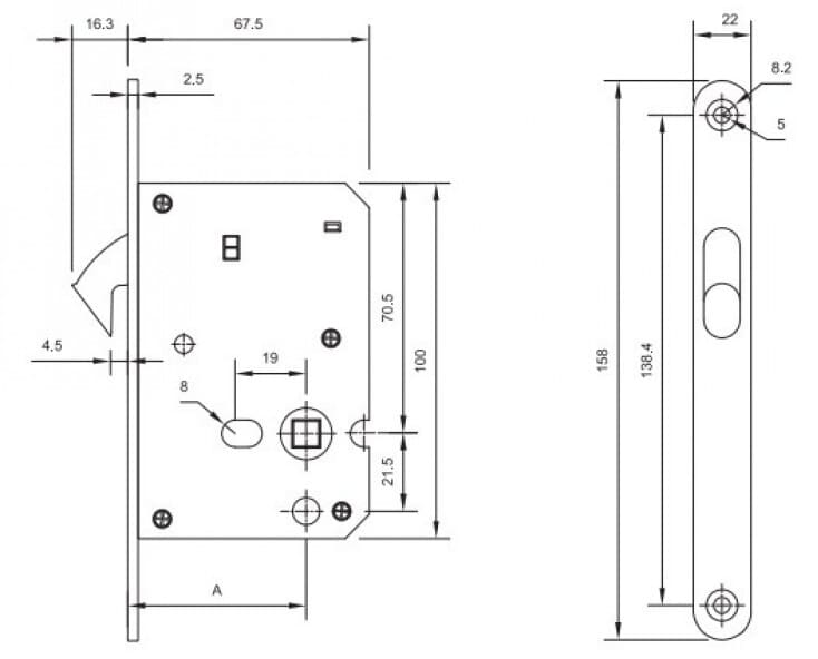 Bản vẽ Thân Khóa Cửa Trượt Yale YDL-020 US32D