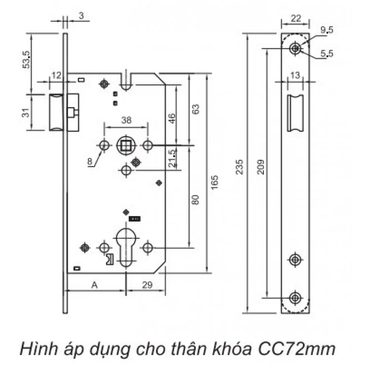 Bản vẽ Thân Khóa Cò Gió Yale YML04/5572 US32D