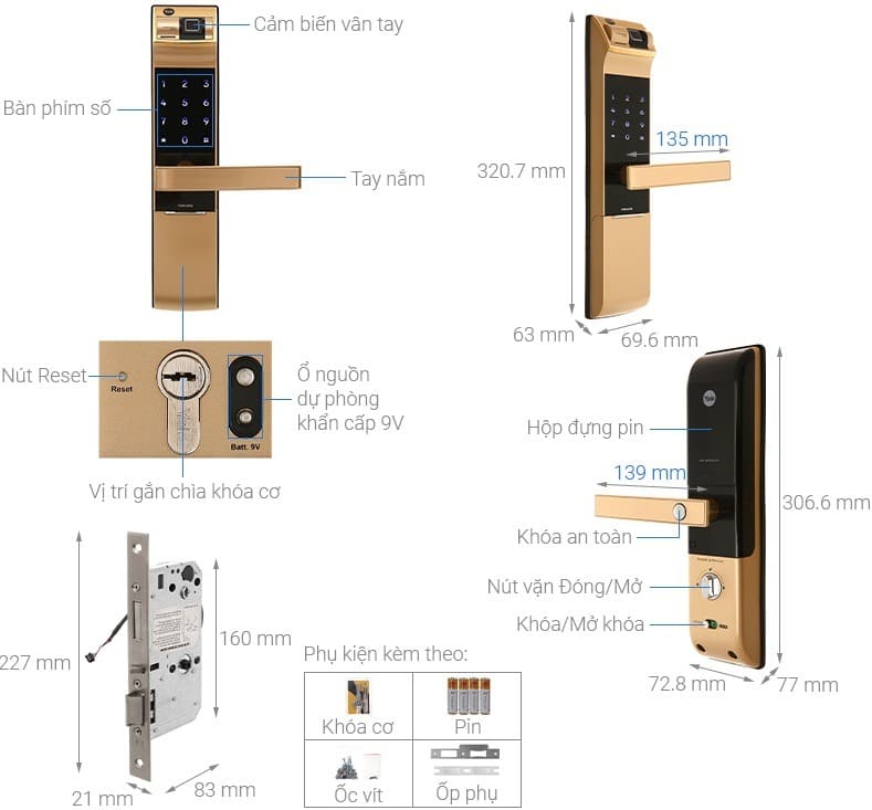 Bản vẽ Khóa Điện Tử Yale YDM4109A Vân Tay Màu Gold