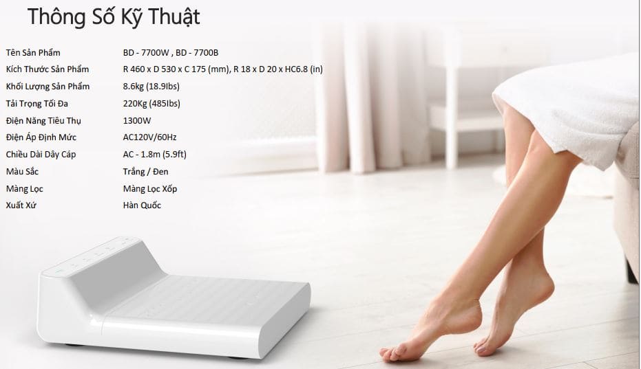 Thông số kỹ thuật máy sấy cơ thể nhập khẩu Hàn Quốc Vovo BD-7700W