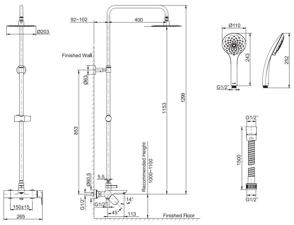 Thông số kỹ thuật sen cây Kohler Aleo K-97825T-4-CP