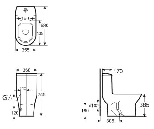 Bản vẽ kỹ thuật Bồn Cầu 1 Khối nắp rơi êm ROCA Z349617000