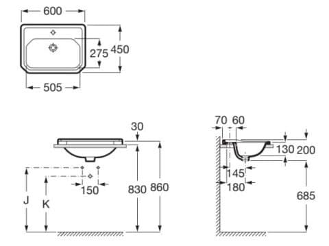 Bản vẽ kỹ thuật Chậu lavabo dương vành CARMEN ROCA A3270A5000