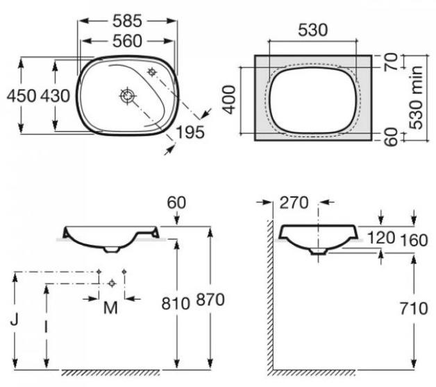 Bản vẽ kỹ thuật Chậu nửa âm mặt bàn BEYOND ROCA A3270B6640