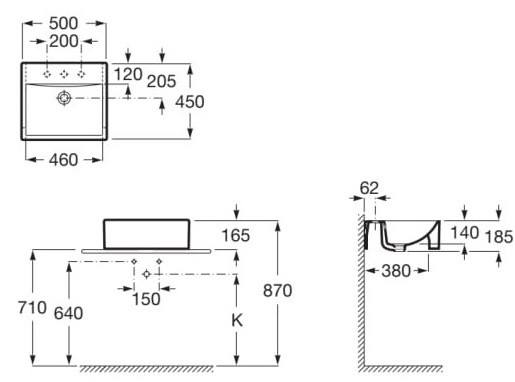 Bản vẽ kỹ thuật Chậu bán âm bàn DIVERTA ROCA A32711S000