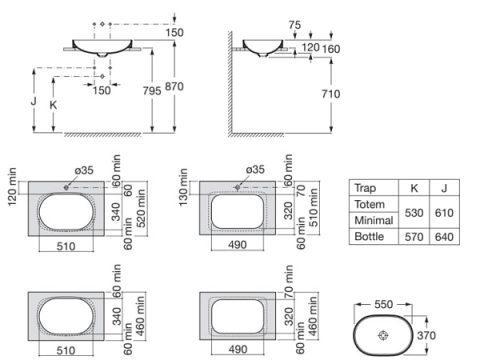 Bản vẽ kỹ thuật Chậu nửa âm mặt bàn INSPIRA Roun ROCA A327527000