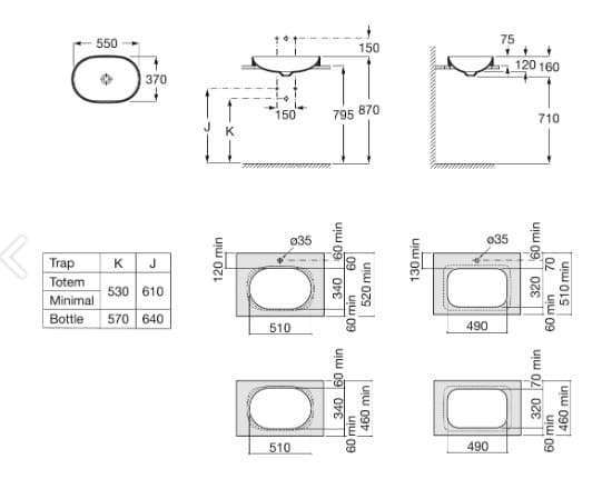 Bản vẽ kỹ thuật Chậu nửa âm mặt bàn INSPIRA OVAL ROCA A327527640