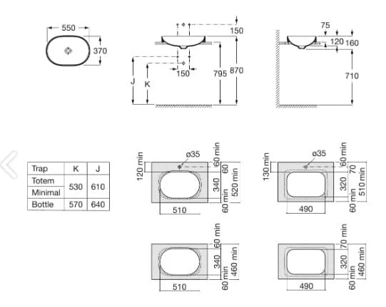 Bản vẽ kỹ thuật Chậu nửa âm mặt bàn INSPIRA OVAL ROCA A327527640
