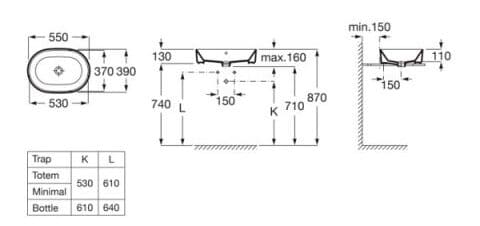 Bản vẽ kỹ thuật Chậu lavabo đặt trên bàn The Gap Oval ROCA A3270Y1000