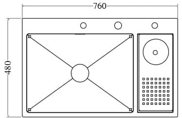 Bản vẽ kỹ thuật chậu bếp 1 hố 1 bàn SUS304 Tadico LUX.D.76.48.4.140