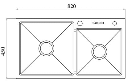 Bản vẽ kỹ thuật chậu bếp 2 hố lệch SUS304 Tadico LUX.L.82.45.2