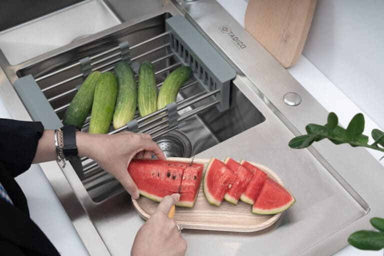 Hình ảnh thực tế chậu đúc 2 hố 1 bàn Tadico LUX.C.120.50.3.GBB1