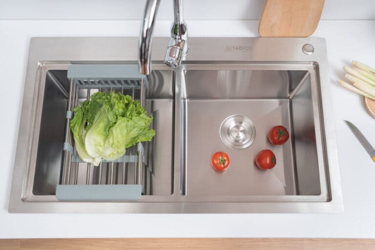 Hình ảnh thực tế chậu đúc 2 hố Tadico LUX.C.82.48.3.GB1