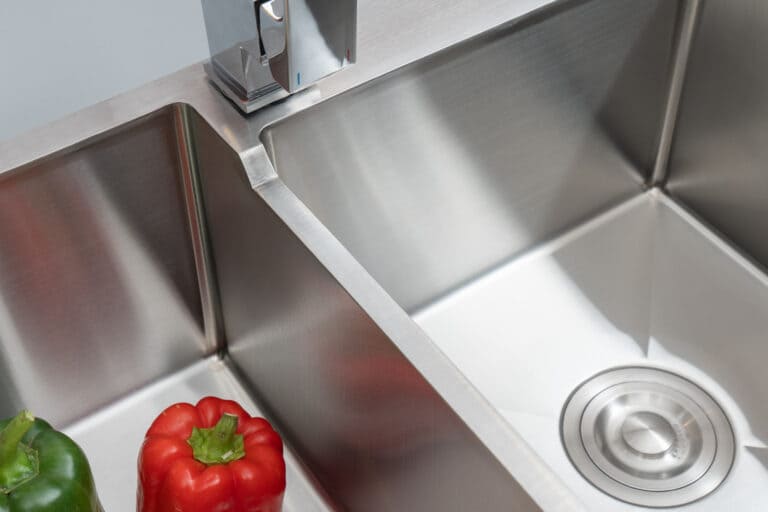 Hình ảnh thực tế chậu đúc 2 hố lệch Tadico LUX.L.82.45.2