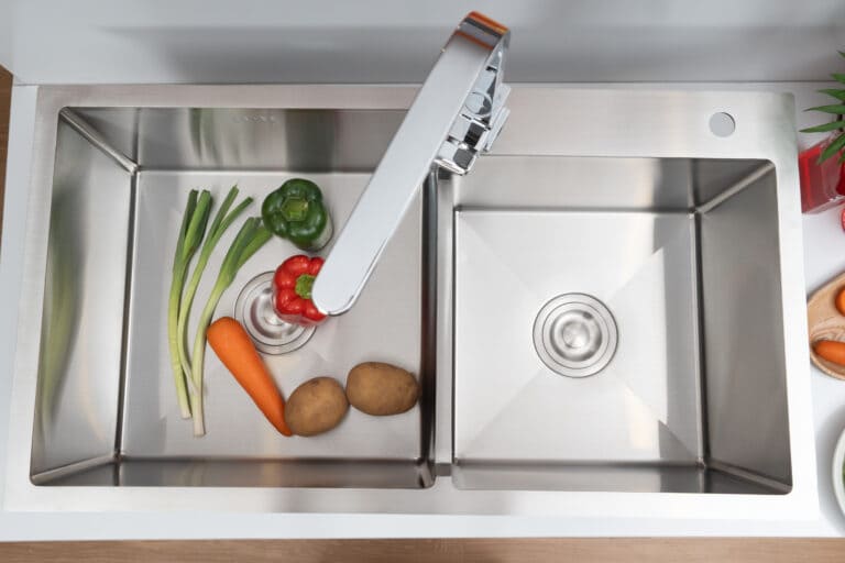 Hình ảnh thực tế chậu rửa bát 2 hố lệch Tadico LUX.L.82.45.2