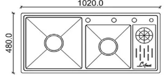Bản vẽ kỹ thuật chậu đúc 2 hố 1 bàn SUS304 Lifusi LHS-10248XC