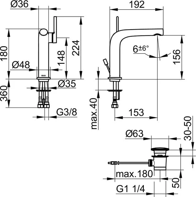 Bản vẽ kỹ thuật vòi rửa mặt 1 chân Keuco 51502030000