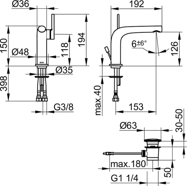 Bản vẽ kỹ thuật vòi rửa mặt 1 chân Keuco 51504030002