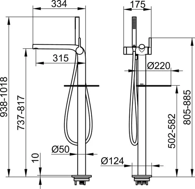 Bản vẽ kỹ thuật của sen cây bồn tắm đặt sàn Keuco 51527030100