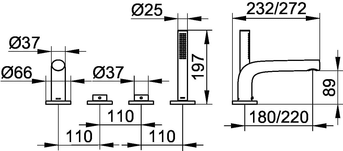 Bản vẽ kỹ thuật của sen vòi bồn tắm gắn bồn Keuco 51527010100