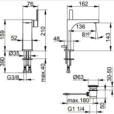 Bản vẽ kỹ thuật vòi rửa mặt 1 chân Keuco 51102130000