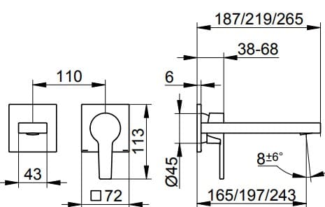 Bản vẽ kỹ thuật vòi rửa mặt 2 chân âm tường Keuco 51116130201