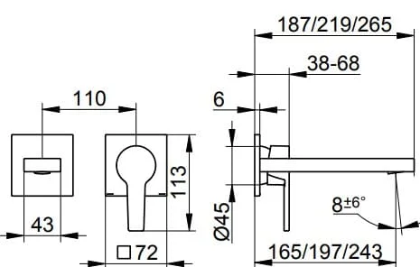 Bản vẽ kỹ thuật vòi rửa mặt 2 chân âm tường Keuco 51116130201