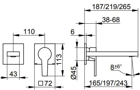 Bản vẽ kỹ thuật vòi rửa mặt 2 chân âm tường Keuco 5116130202