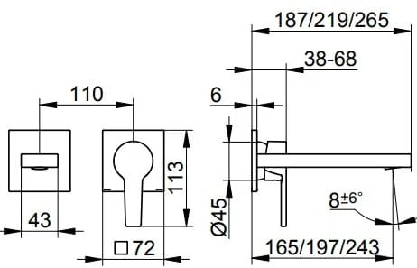 Bản vẽ kỹ thuật vòi rửa mặt 2 chân âm tường Keuco 5116130202