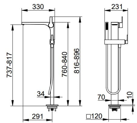 Bản vẽ kỹ thuật của sen cây bồn tắm đặt sàn Keuco 51127030100