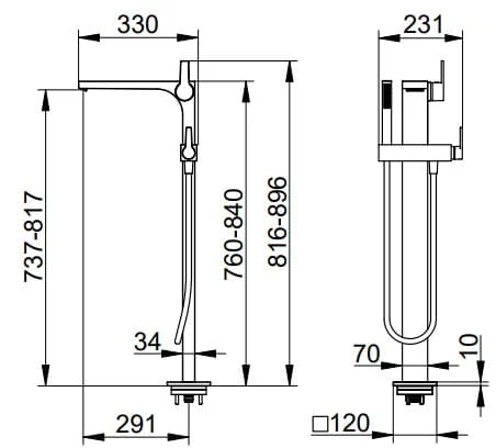 Bản vẽ kỹ thuật của sen cây bồn tắm đặt sàn Keuco 51127030100