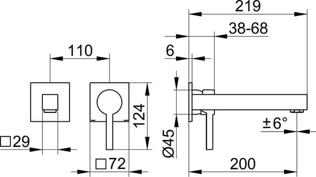 Bản vẽ kỹ thuật vòi rửa mặt 2 chân âm tường Keuco 59116010202