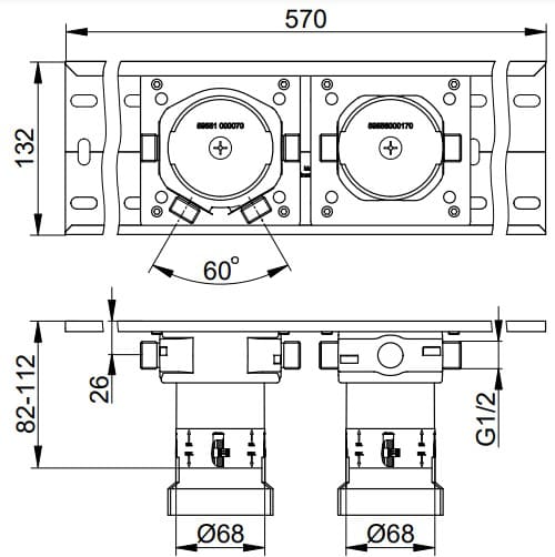 Bản vẽ kỹ thuật bộ trộn vòi sen âm tường Keuco 59951002170