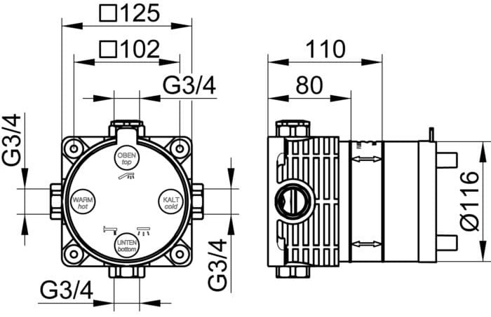 Bản vẽ kỹ thuật bộ trộn vòi sen âm tường Keuco 59970000070