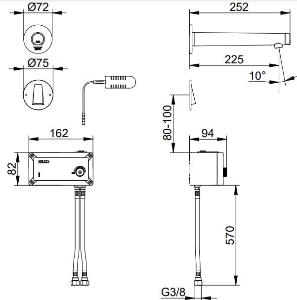 Bản vẽ kỹ thuật vòi âm tường cảm ứng dùng điện Keuco 59517371101
