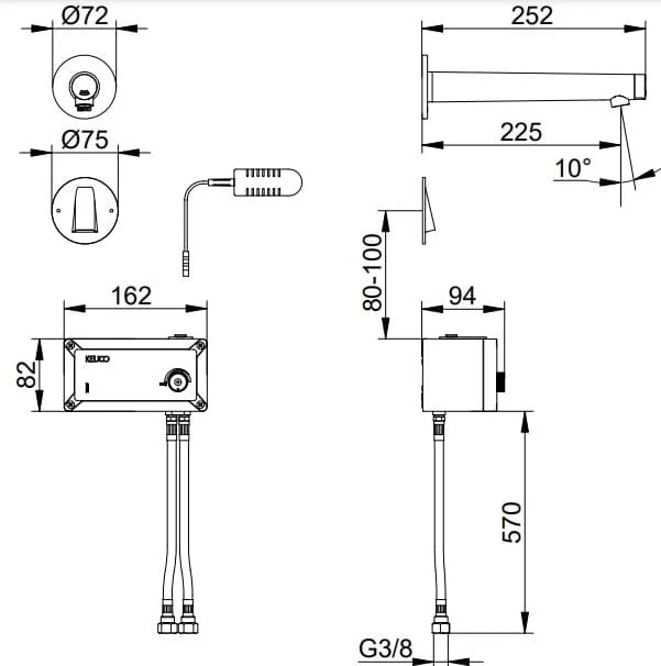 Bản vẽ kỹ thuật vòi âm tường cảm ứng dùng điện Keuco 59517011101