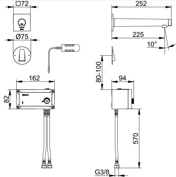 Bản vẽ kỹ thuật vòi âm tường cảm ứng dùng điện Keuco 59517371102
