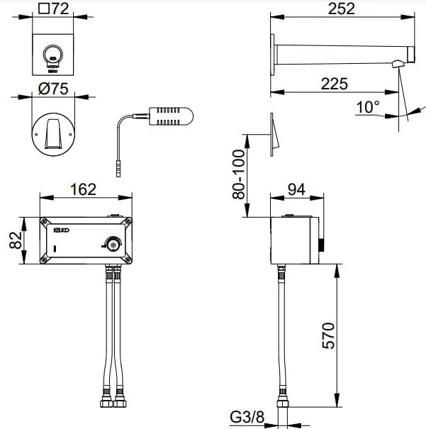Bản vẽ kỹ thuật vòi âm tường cảm ứng dùng điện Keuco 59517371102