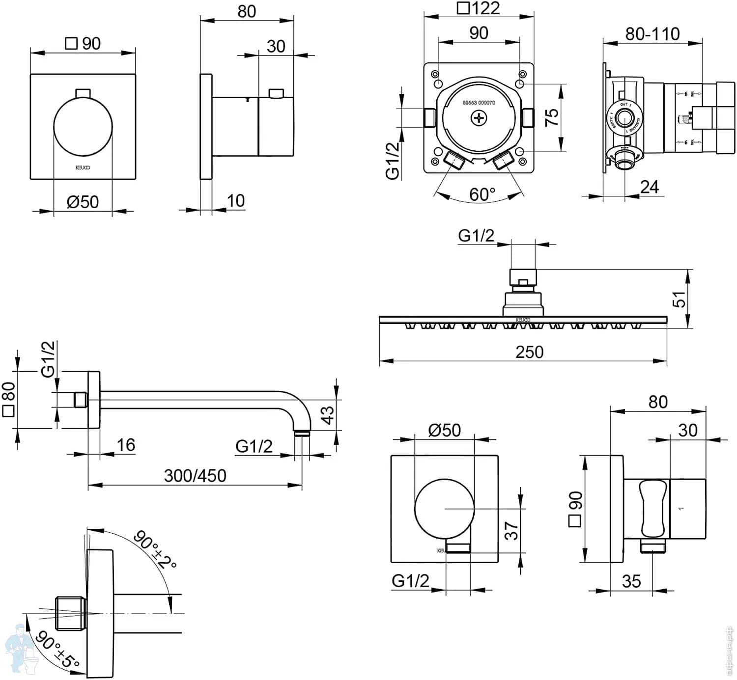 Bản vẽ kỹ thuật vòi sen tắm đứng âm tường Keuco 59602010002