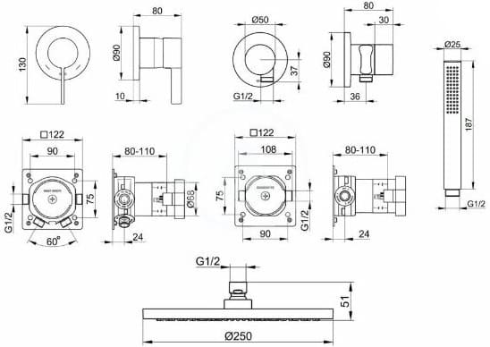 Bản vẽ kỹ thuật vòi sen tắm đứng âm tường Keuco 59603010001