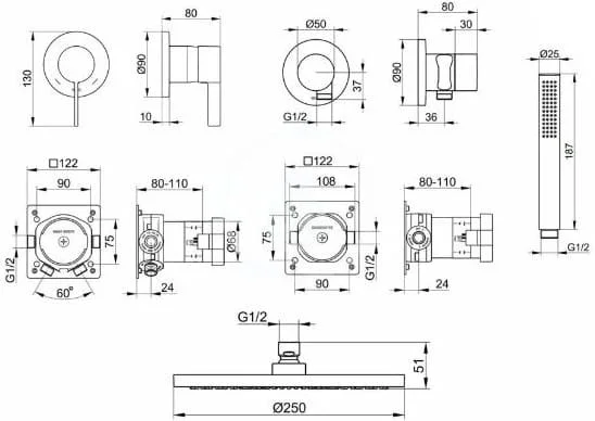 Bản vẽ kỹ thuật vòi sen tắm đứng âm tường Keuco 59603010001
