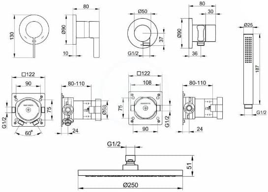 Bản vẽ kỹ thuật vòi sen tắm đứng âm tường Keuco 59603370001
